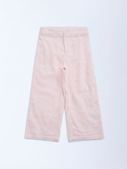 HOP Kids Pink Lace Detailed High-Rise Cotton-Blend Trousers