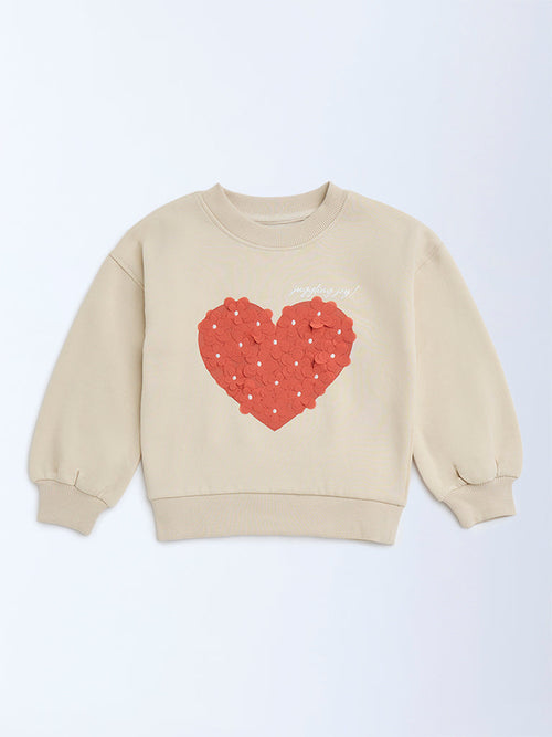 HOP Kids Beige Heart Design Cotton-Blend Sweatshirt