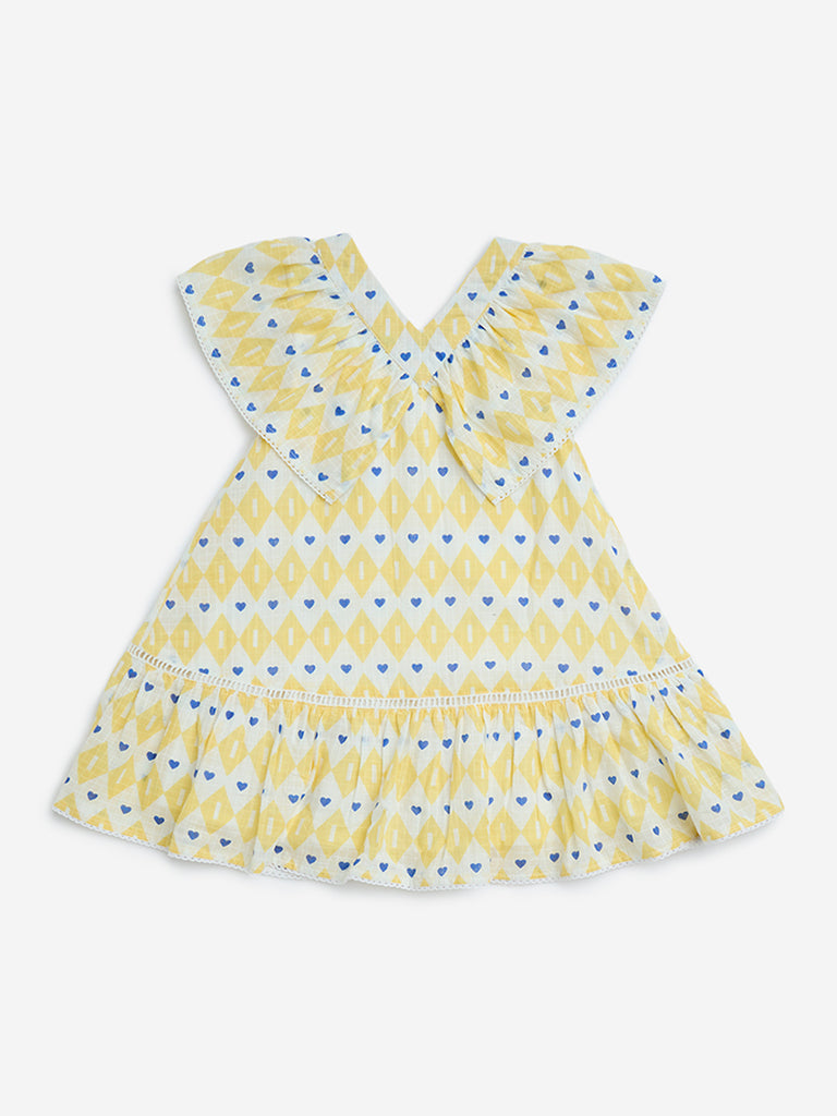 HOP Kids Yellow Printed Cotton A-Line Dress