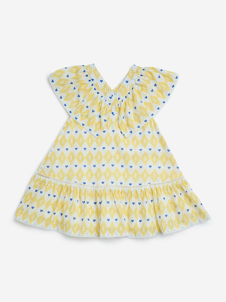 HOP Kids Yellow Printed Cotton A-Line Dress