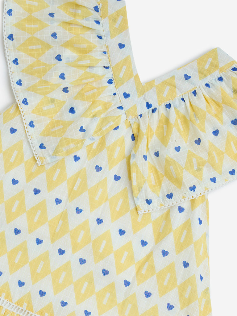 HOP Kids Yellow Printed Cotton A-Line Dress