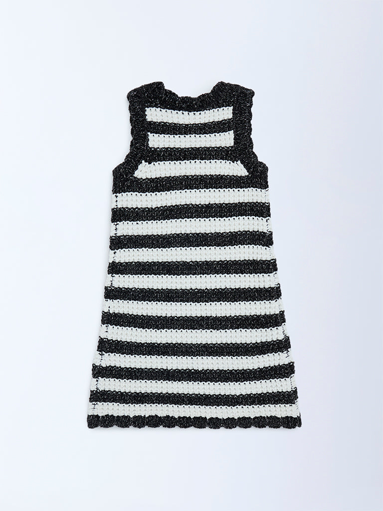 HOP Kids Black Striped Knit-Textured A-Line Dress