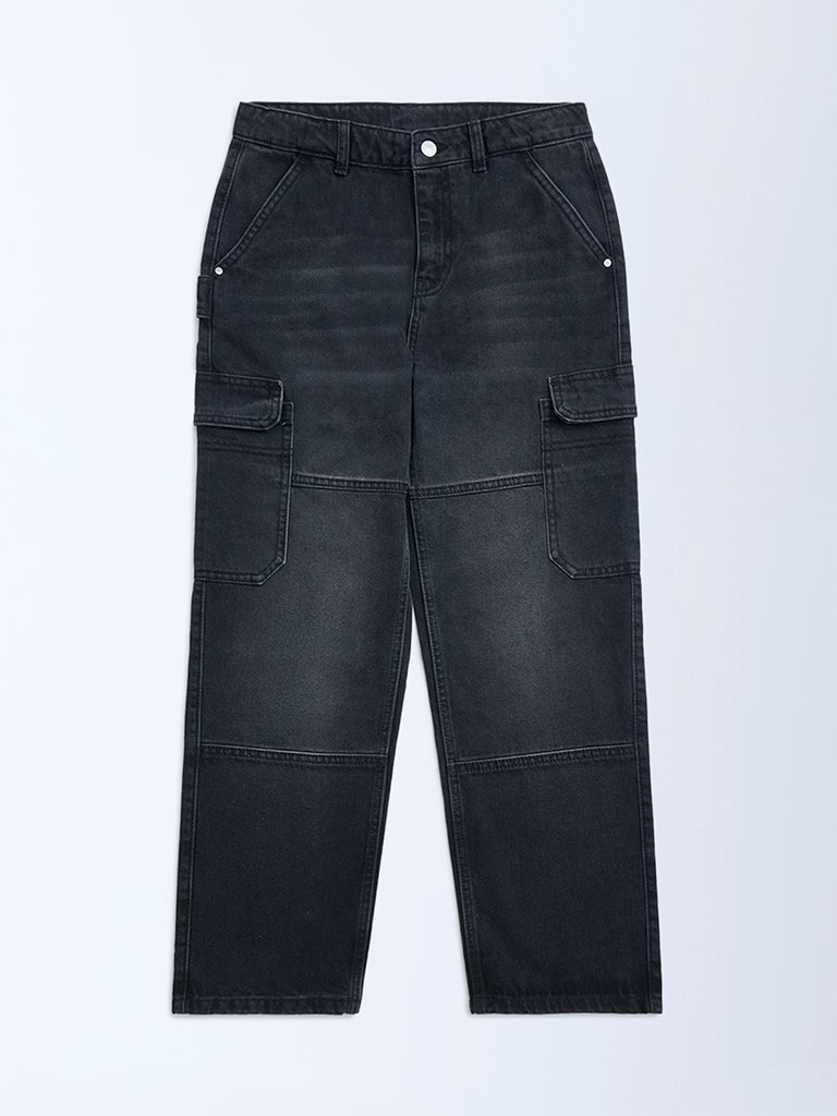 Y&F Kids Charcoal Faded Relaxed-Fit Mid-Rise Jeans