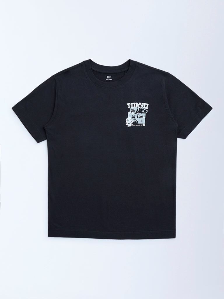 Y&F Kids Black Printed Cotton T-Shirt