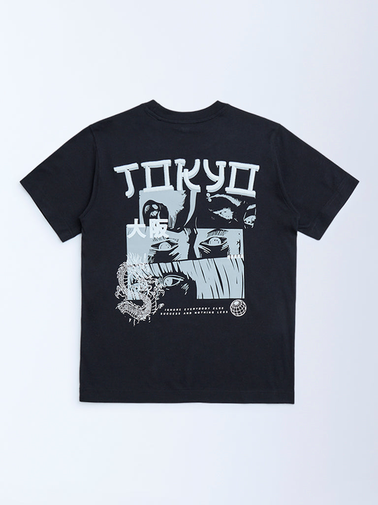 Y&F Kids Black Printed Cotton T-Shirt