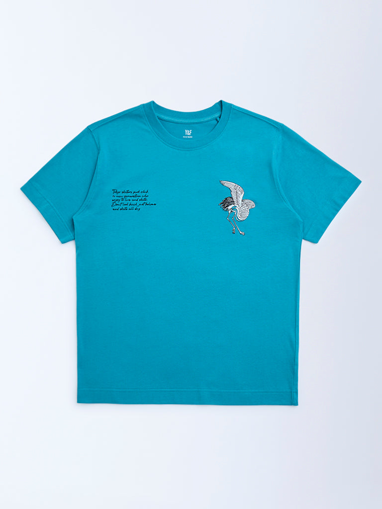 Y&F Kids Turquoise Bird Design Cotton T-Shirt