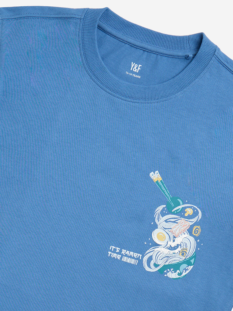 Y&F Kids Blue Graphic Design Cotton T-Shirt