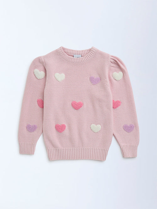 HOP Kids Pink Heart Embroidered Cotton Sweater