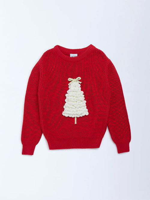 HOP Kids Red Christmas Tree Applique Cotton Sweater