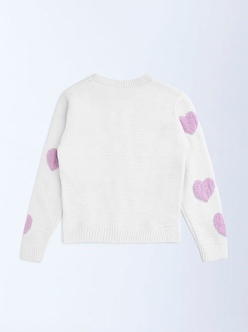 HOP Kids White Heart Printed Sweater