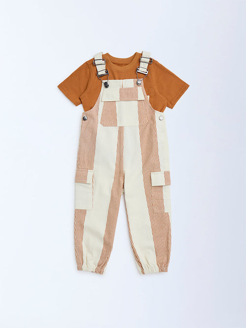 HOP Kids Orange Printed Cotton Dungaree with T-Shirt Set