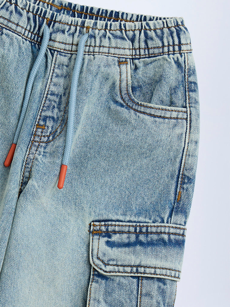 HOP Kids Blue Cargo-Style Relaxed-Fit Mid-Rise Jeans