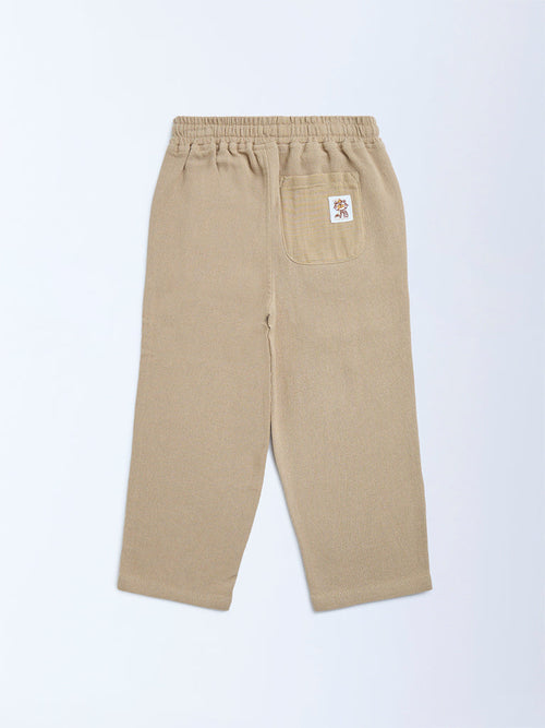 HOP Kids Beige Solid Mid-Rise Cotton Trousers