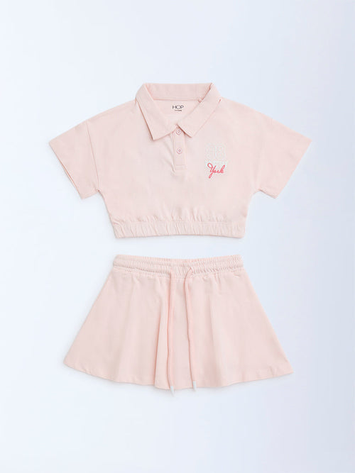 HOP Kids Pink Printed Cotton Polo T-Shirt with Skirt Set