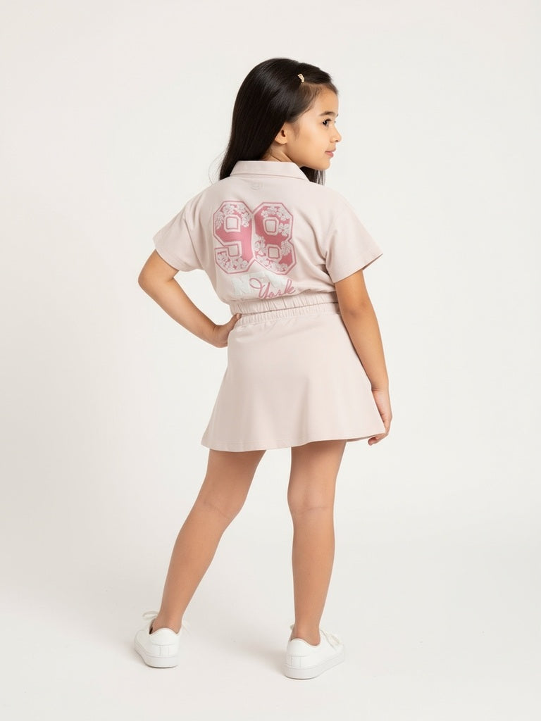 HOP Kids Pink Printed Cotton Polo T-Shirt with Skirt Set