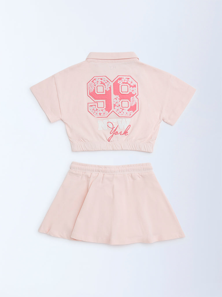 HOP Kids Pink Printed Cotton Polo T-Shirt with Skirt Set