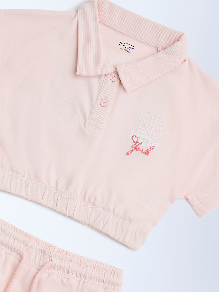 HOP Kids Pink Printed Cotton Polo T-Shirt with Skirt Set