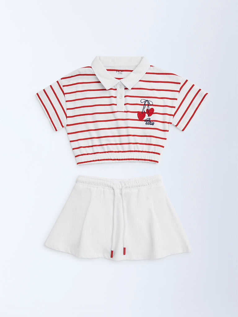 HOP Kids Red Striped Cotton Polo T-Shirt with Skirt Set