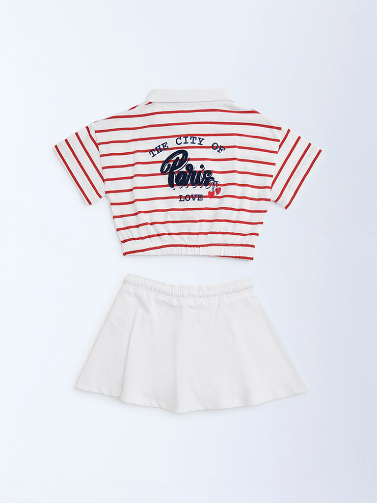 HOP Kids Red Striped Cotton Polo T-Shirt with Skirt Set