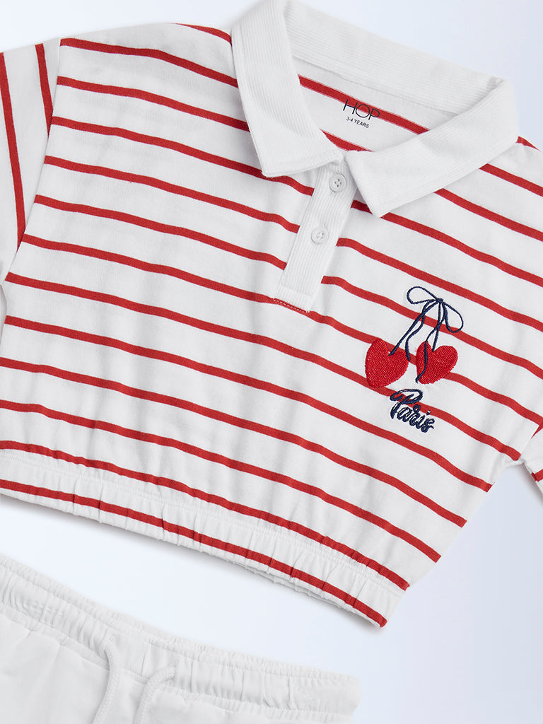 HOP Kids Red Striped Cotton Polo T-Shirt with Skirt Set