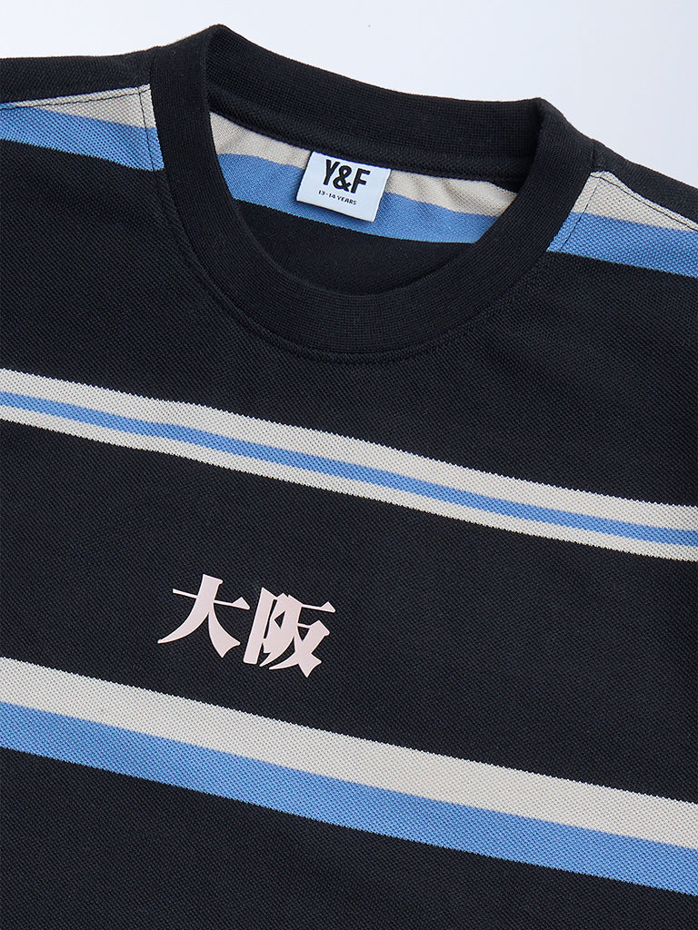 Y&F Kids Black Striped Cotton-Blend T-Shirt