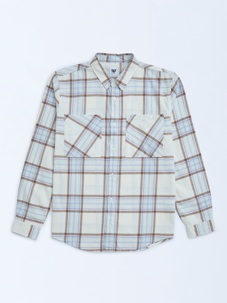 Y&F Kids Off-White Checks Patterned Cotton Shirt