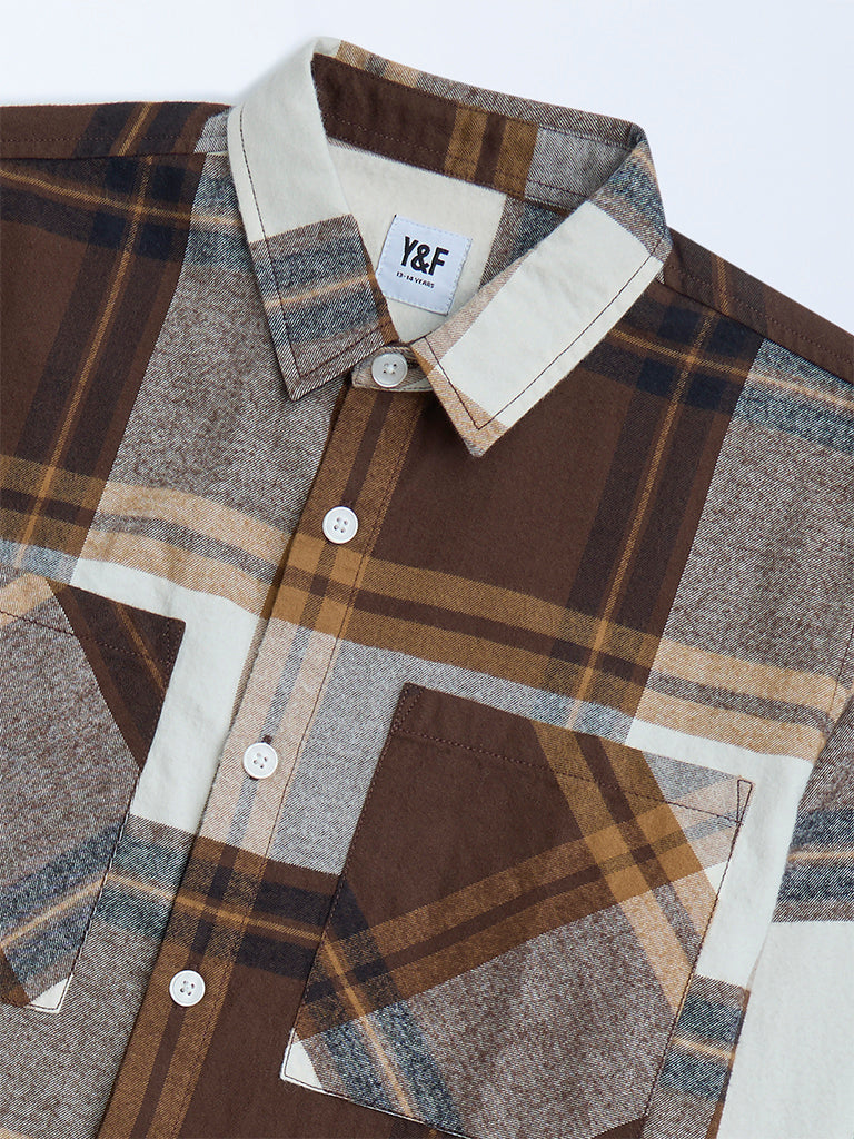 Y&F Kids Brown Checks Printed Cotton Shirt