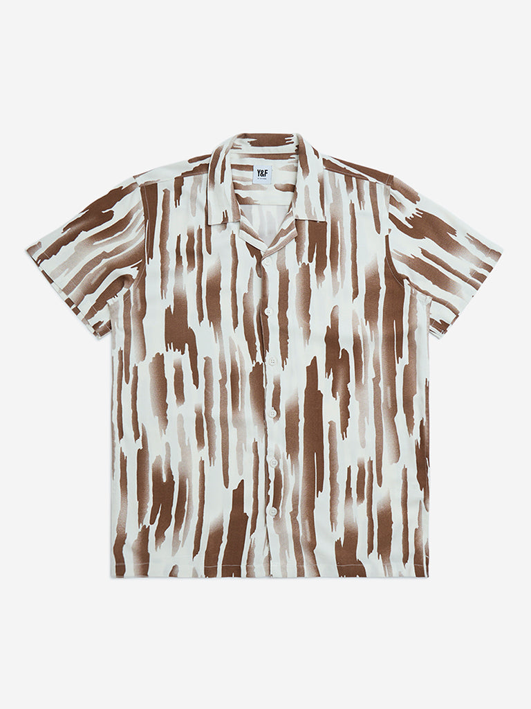 Y&F Kids Brown Abstract Detailed Resort-Fit Shirt