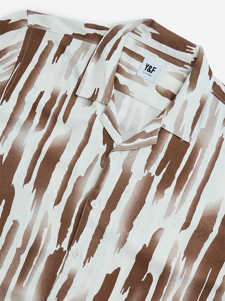 Y&F Kids Brown Abstract Detailed Resort-Fit Shirt