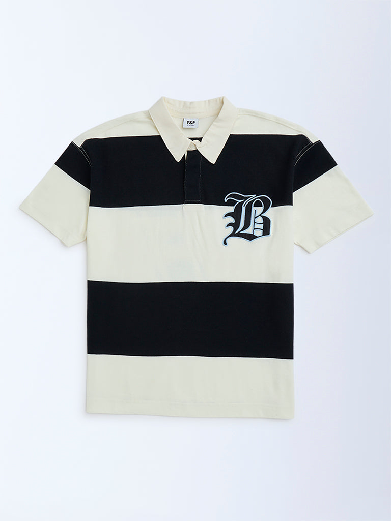 Y&F Kids Black Colour-Blocked Cotton Polo T-Shirt