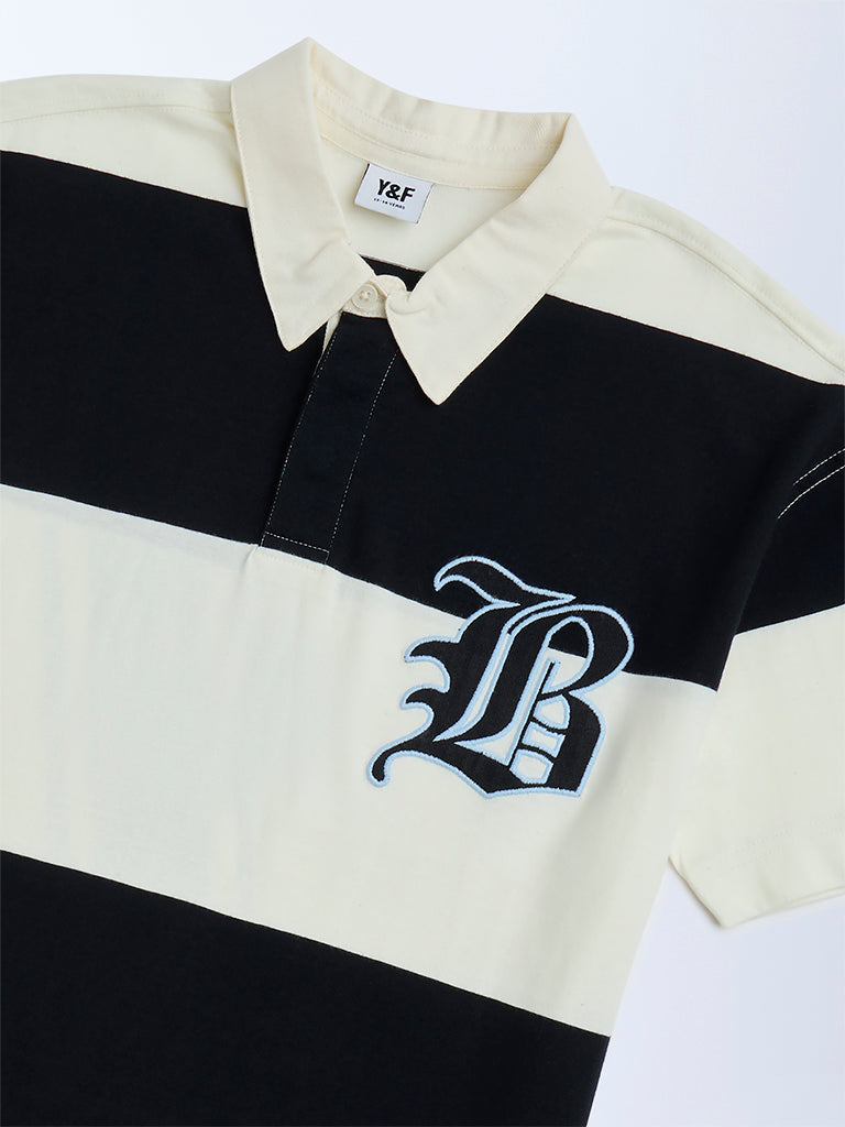 Y&F Kids Black Colour-Blocked Cotton Polo T-Shirt