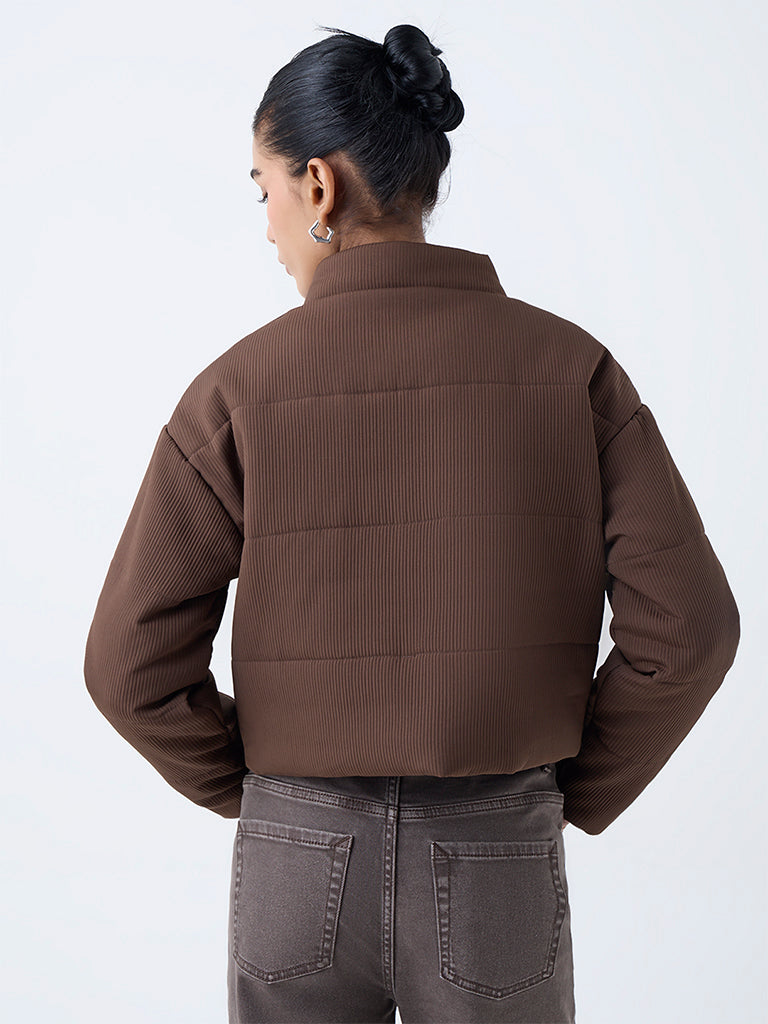 Nuon Dark Brown Ribbed-Textured Puffer Jacket