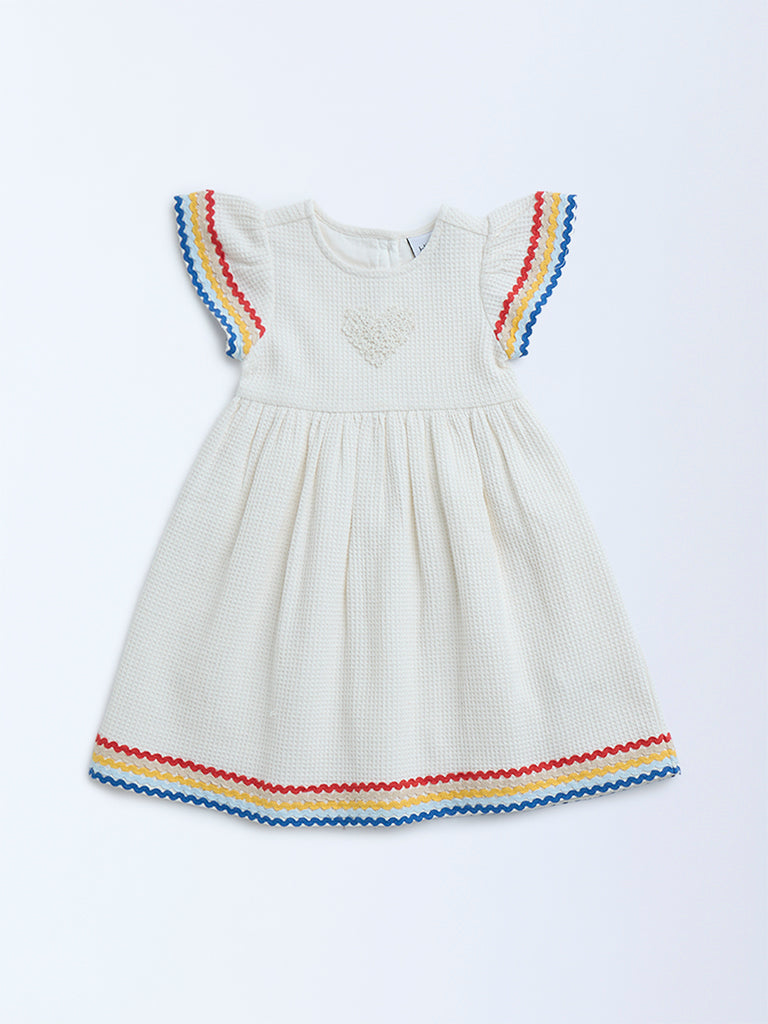 HOP Kids Off-White Waffle-Textured Cotton A-Line Dress