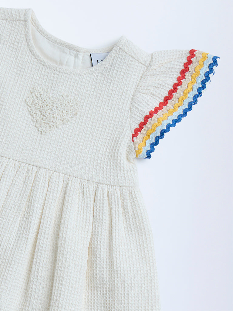 HOP Kids Off-White Waffle-Textured Cotton A-Line Dress