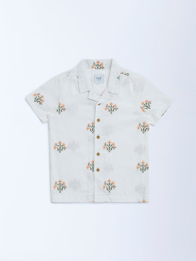 HOP Kids White Floral Embroidered Cotton Shirt