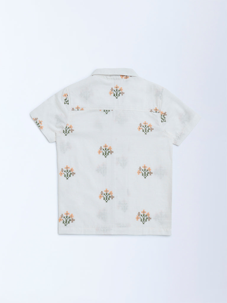 HOP Kids White Floral Embroidered Cotton Shirt
