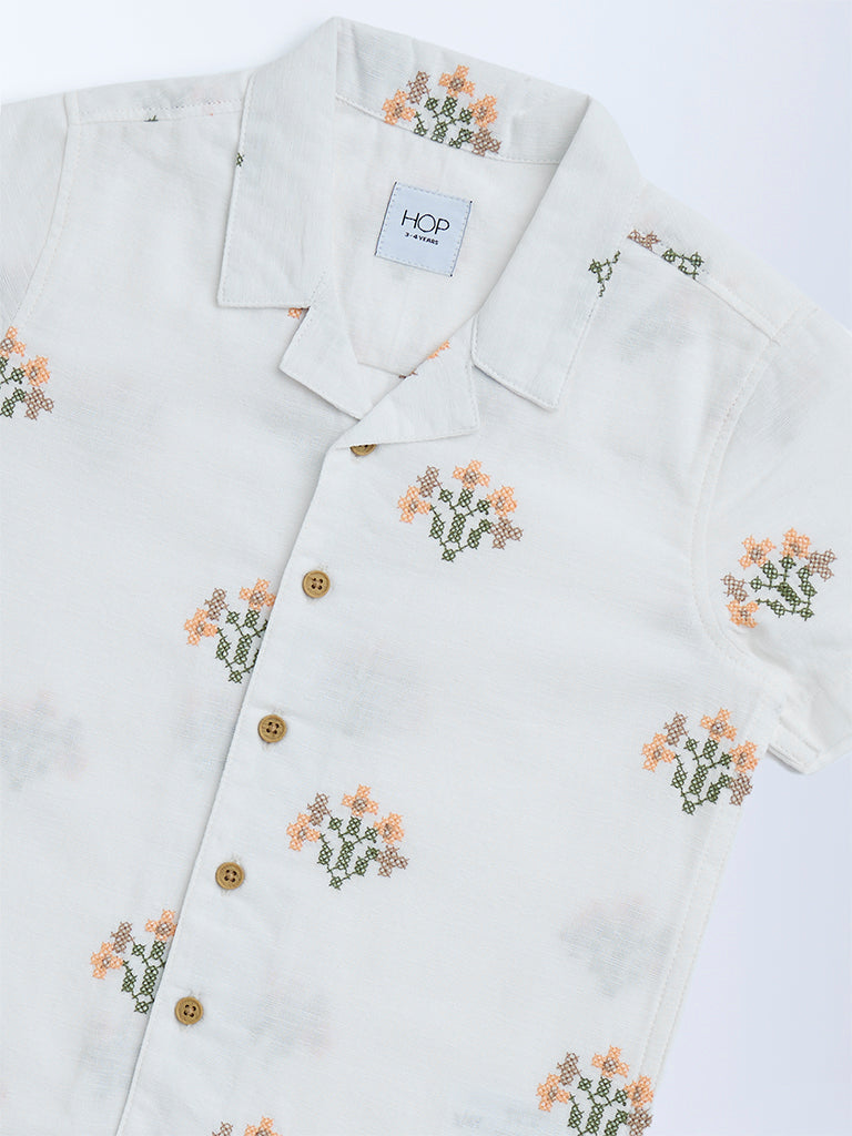 HOP Kids White Floral Embroidered Cotton Shirt