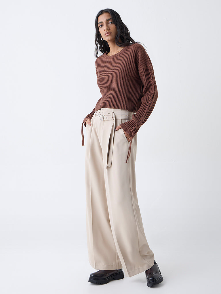 Nuon Brown Self-Striped Sweater