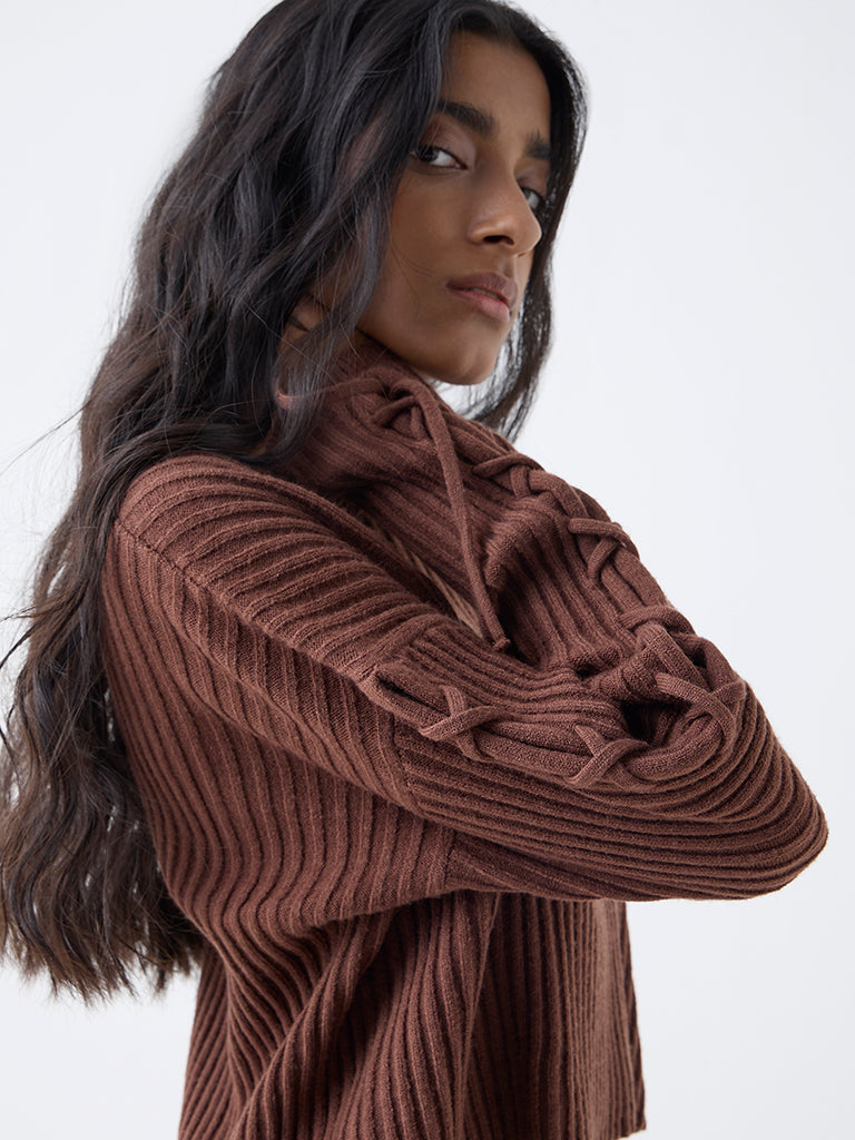 Nuon Brown Self-Striped Sweater