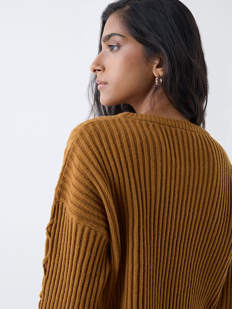 Nuon Mustard Self-Striped Sweater