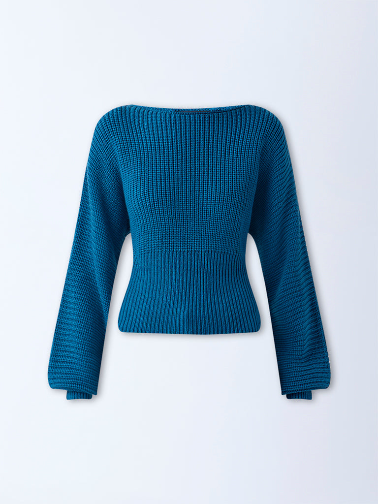 Nuon Teal Knit-Textured Sweater