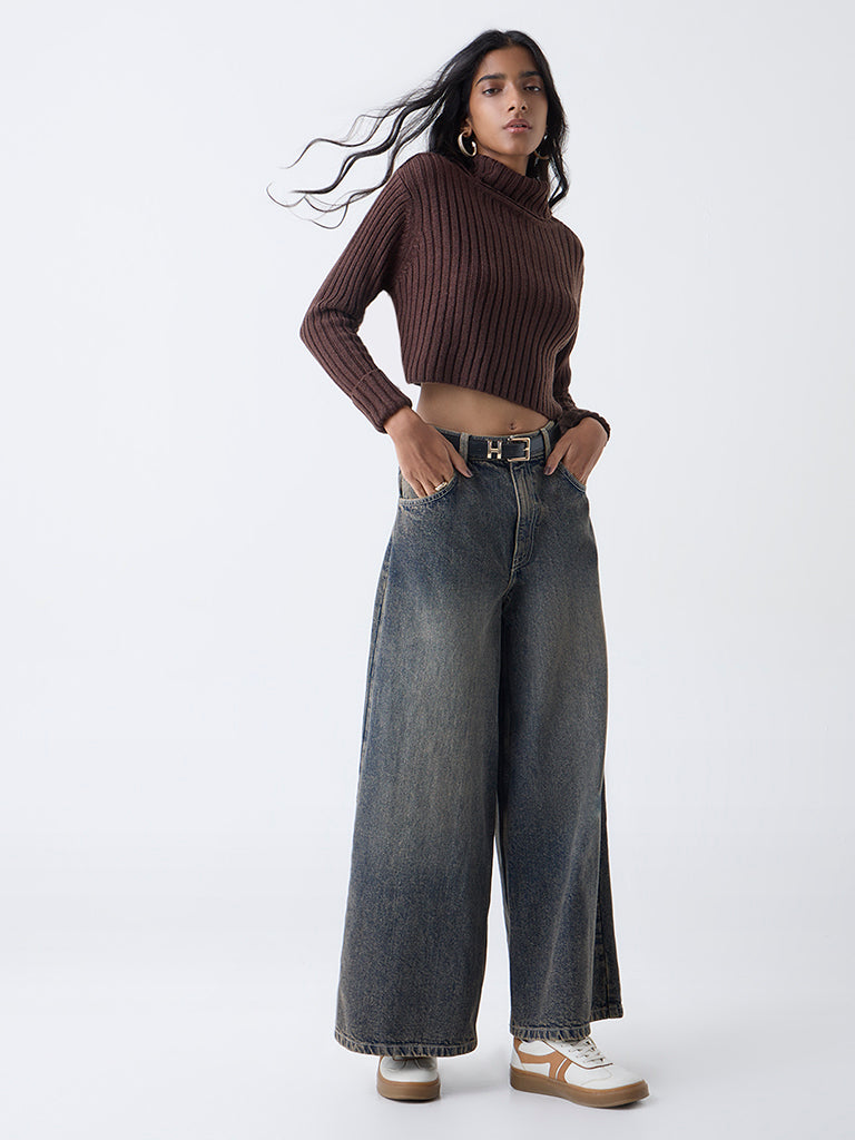 Nuon Dark Brown Self-Striped Sweater