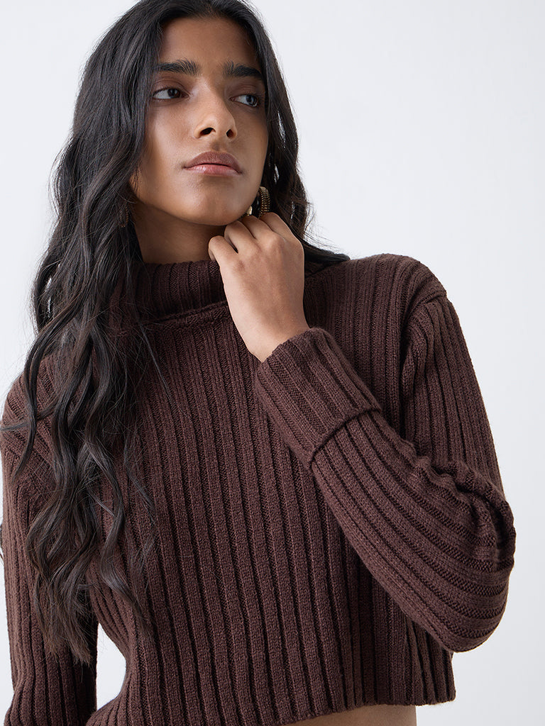 Nuon Dark Brown Self-Striped Sweater