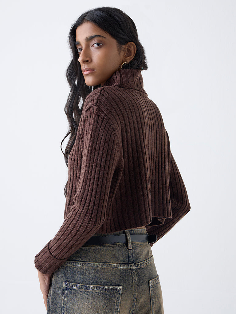 Nuon Dark Brown Self-Striped Sweater