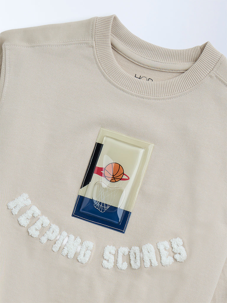 HOP Kids Beige Typographic Cotton Sweatshirt