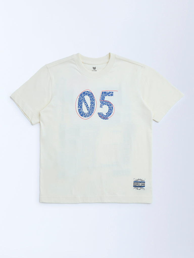 Y&F Kids Off-White Printed Cotton T-Shirt