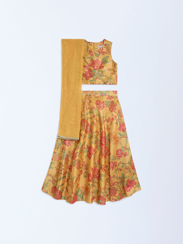 Utsa Kids Yellow Floral Ghagra, Choli and Dupatta Set - (2-8yrs)