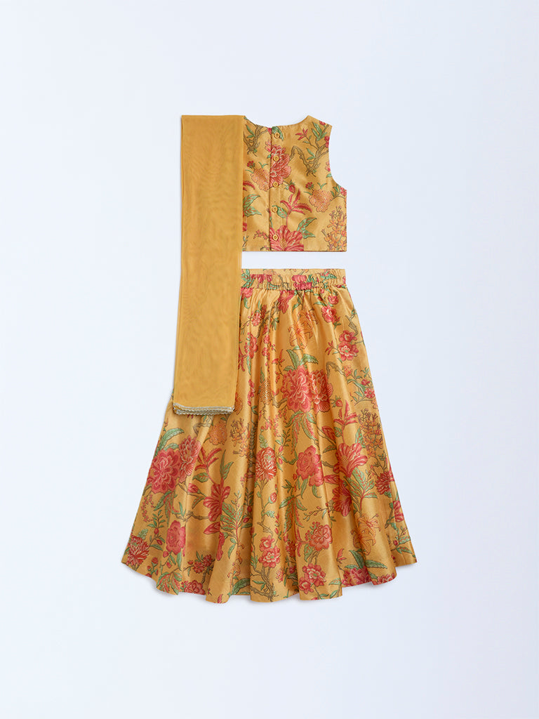 Utsa Kids Yellow Floral Ghagra, Choli and Dupatta Set - (2-8yrs)