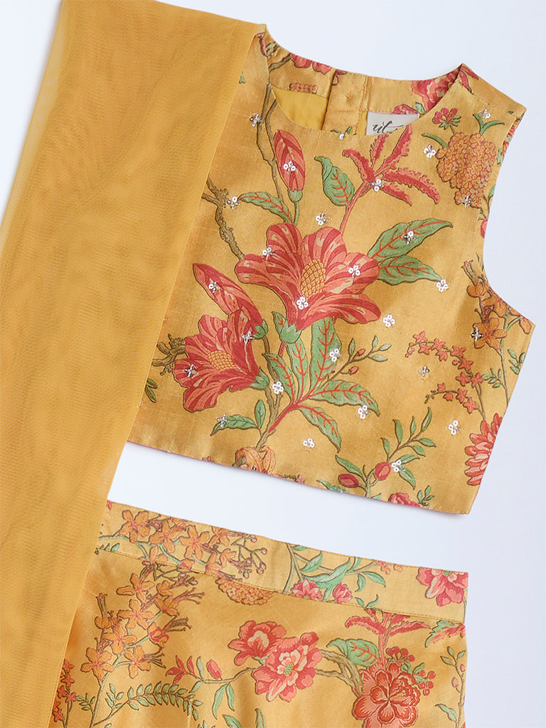 Utsa Kids Yellow Floral Ghagra, Choli and Dupatta Set - (2-8yrs)