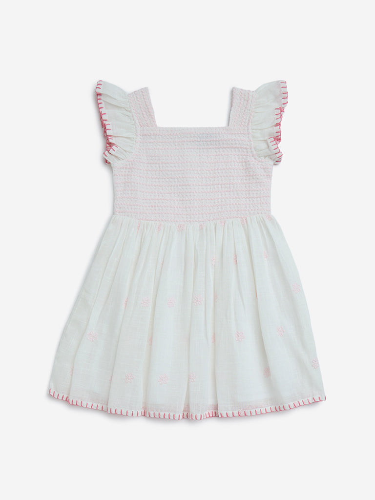 HOP Kids White Embroidered Cotton A-Line Dress